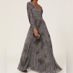 Badgley Mischka Shirred Leopard Chiffon Pleated Brown Gown Deep V-Neck Sz‎ 2 EUC